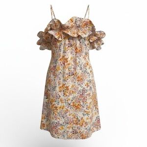 H&M Floral Linen Blend Double Ruffle Babydoll Summer Dress‎ Small